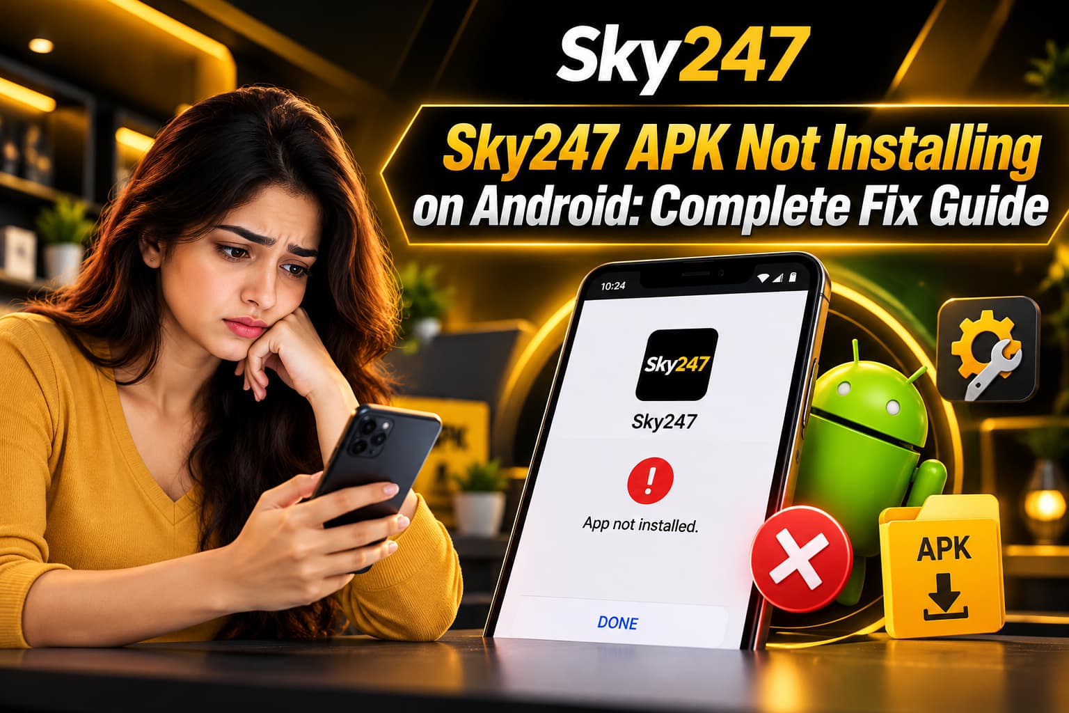 Sky247 APK not installing on Android showing an app installation error, Android troubleshooting icons, and a smartphone