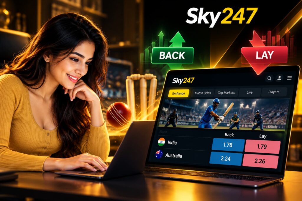 Sky247 Exchange showing back and lay cricket betting odds